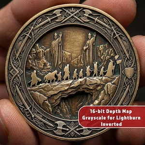 May include: A circular bronze coin with a detailed relief showing figures crossing a bridge, with two figures in the background. The coin's edge has swords, axes, and decorative patterns. The text "16-bit Depth Map Grayscale for Lightburn Inverted" is visible.