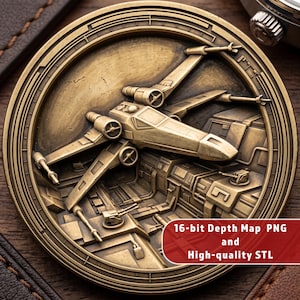 Space Fighter Depth Map | Sci-Fi Starship 3D Relief stl | Fiber Laser MOPA EZCAD LightBurn CNC | Galactic Coin Medallion Plaque File
