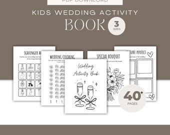 May include: A white Kids Wedding Activity Book with the text "Wedding Activity Book" and illustrations of champagne glasses. The book includes pages for scavenger hunts, coloring, and drawing. The cover also includes the text "3 Sizes" and "40+ Pages".