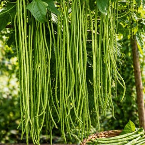 May include: A vibrant image showcases long, slender green beans hanging from a plant, with some gathered in a woven basket and a small pile on a wooden surface. The beans are a bright green color, and the leaves are a lush green.