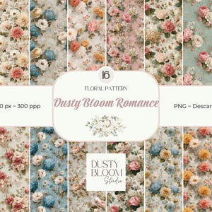 Puede incluir: Colección de 16 patrones florales con rosas, hortensias y otras flores en tonos rosas, azules y crema. El texto dice "Dusty Bloom Romance" y "Floral Pattern". La imagen tiene una resolución de 4000 x 4000 píxeles.