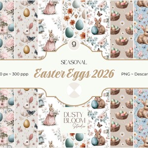 Puede incluir: Colección de nueve papeles digitales con temática de Pascua. Los diseños presentan ilustraciones en acuarela de conejitos, huevos, flores y mariposas en colores pastel. El texto dice "Easter Eggs 2026".