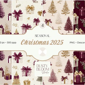 Papeles Digitales Navidad | Patrones Continuos Árboles y Regalos | Burdeos y Dorado | Scrapbooking, Tarjetas, Invitaciones | PNG 300 ppp