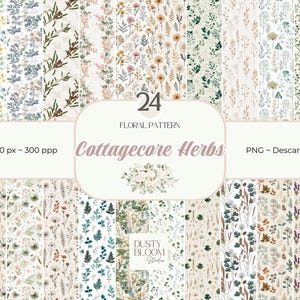 Puede incluir: Un conjunto de 24 patrones florales con temática cottagecore. Los patrones presentan diversos diseños botánicos en colores suaves y apagados, incluyendo hierbas y flores silvestres. La imagen incluye el texto "Cottagecore Herbs" y "Floral Pattern".