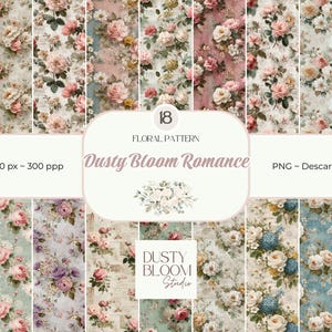 Puede incluir: Una colección de 18 patrones florales con rosas rosas, blancas y moradas. Los patrones se muestran en una cuadrícula, con el texto "Dusty Bloom Romance" y "Floral Pattern". La imagen tiene 4000 x 4000 px.