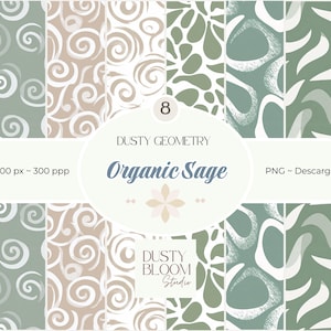 Könnte beinhalten: Digitaldruck mit acht verschiedenen Mustern in gedeckten Farben wie Salbeigrün, Beige und Weiß. Die Muster umfassen Wirbel, organische Formen und geometrische Designs. Der Text "Organic Sage" ist zu sehen. Die Bildgröße ist 4000 x 4000 px.