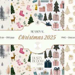 Pack Papeles Digitales Navidad 2025 – 4 Patrones Seamless | Fondos PNG 300 ppp | Árboles de invierno, regalos, adornos, estilo acuarela