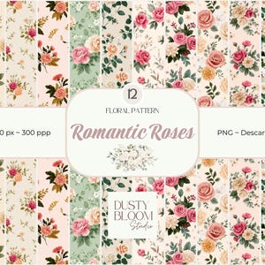 Puede incluir: Una colección de 12 diseños de patrones florales con rosas en varios colores, incluyendo rosa, melocotón y crema, con follaje verde. Los diseños están dispuestos en una cuadrícula, con el texto "Romantic Roses" y "Dusty Bloom Studio".
