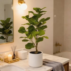 Real Touch Fiddle Leaf Fig Tree 25" in White Planter, Artificial Plant for Home Office Decor, Hotel Lobby, Low Maintenance Fake Indoor Tree