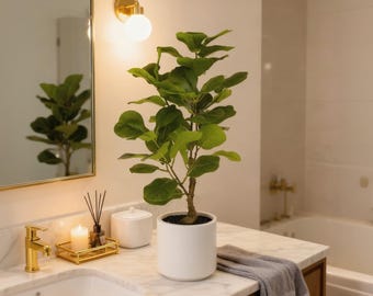Real Touch Fiddle Leaf Fig Tree 25" in White Planter, Artificial Plant for Home Office Decor, Hotel Lobby, Low Maintenance Fake Indoor Tree