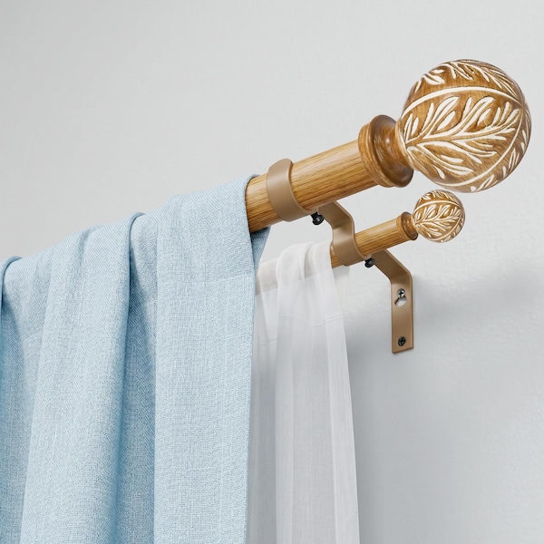 YOOLIN 1" Decorative  Double Curtain Rods for Windows with Imitation Wood Leaf Finials, Heavy Duty Decorative Drapery Rod 32 to 144 Inches