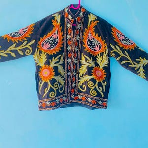 Black Kashmiri embroidered jacket with floral & paisley threadwork, handcrafted black ethnic jacket with multicolor Kashmiri Aari embroider