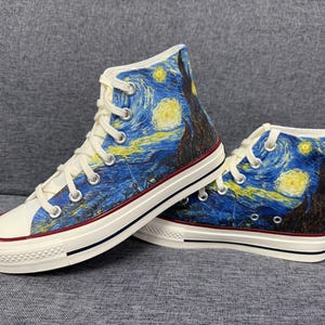 Van Gogh Starry Night Hand Made Fan Art Hi Tops, Hand Painted Trainers, Custom Sneaker, Custom Personalized Gifts