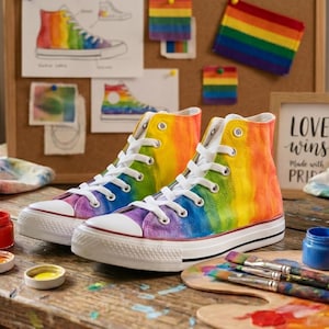 May include: A pair of high-top canvas trainers hand-painted with a rainbow gradient design. The shoes have white laces, a white rubber sole, and a white toe cap. Paintbrushes, paint jars, and a wooden palette with paint are on a wooden table.
