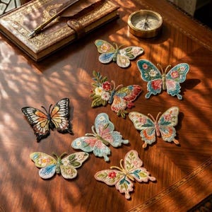 May include: A collection of seven embroidered butterfly patches featuring intricate floral and geometric patterns in various colours including blue, orange, pink, green, and white, arranged on a wooden surface with a book and a compass.