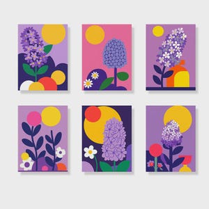 May include: Six colorful floral art prints. Each print features a stylized flower, a yellow sun, and a background of purple, pink, and dark blue. The flowers are in shades of purple, pink, and white.