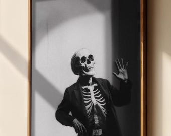 Póster de esqueleto vintage en blanco y negro, arte gótico para pared, decoración tenebrosa para Halloween, sala de estar, impresión digital para descarga.
