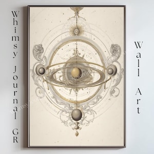 May include: A rectangular wall art print featuring a detailed celestial armillary sphere illustration in shades of beige, gold, and grey. The design includes intricate concentric rings, planetary orbs, and ornate scrollwork on a cream background.