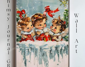 May include: Vintage-style wall art featuring three cherubic figures in red and white outfits, holding a Christmas ornament. The artwork is set against a snowy blue backdrop with red bows and evergreen accents. The words "Whimsy Journal GR" and "Wall Art" are printed on the frame.