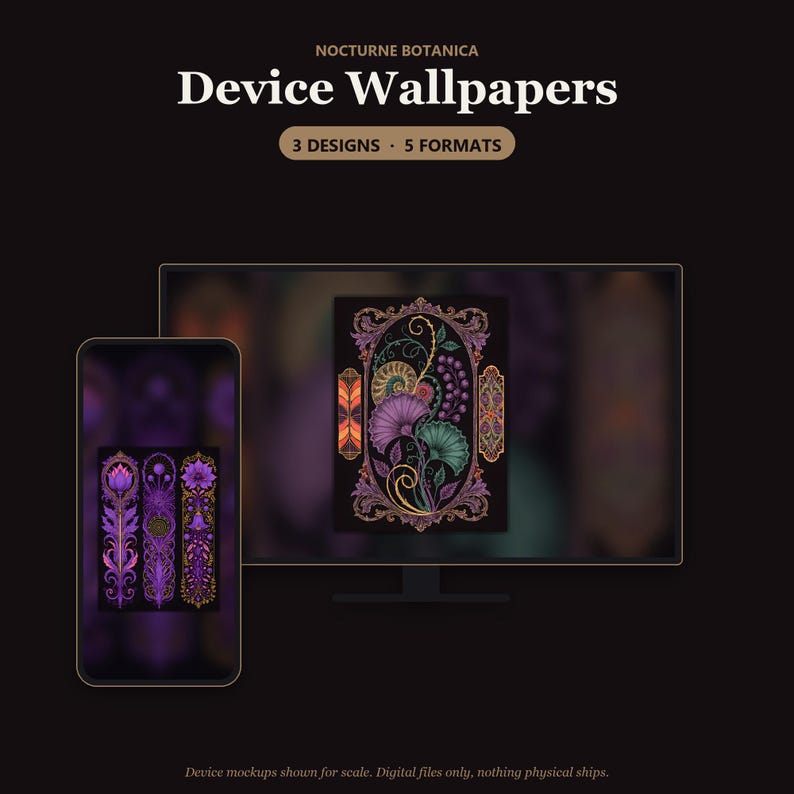 May include: Digital device wallpapers titled Nocturne Botanica featuring 3 designs and 5 formats. The graphics display intricate botanical illustrations in purple, green, and gold tones framed within ornate borders on a dark background.