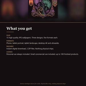 May include: A digital graphic featuring a central ornate frame containing stylized purple and teal floral elements. Below the image, the text reads: What you get, FILES, 15 high quality JPG wallpapers, FORMATS, DELIVERY, and LICENCE details.