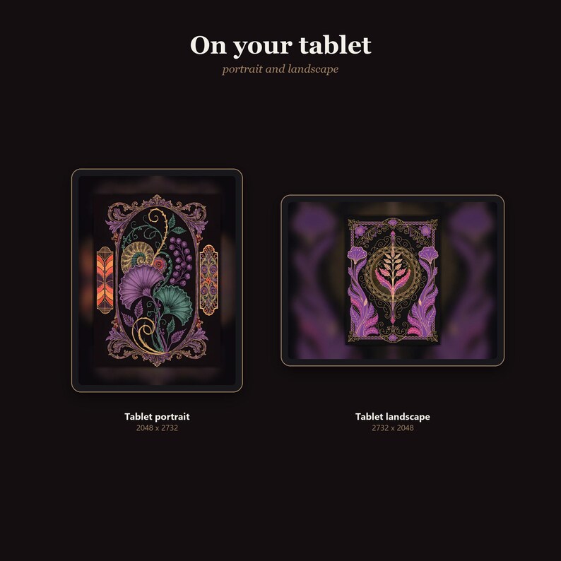 May include: Digital display showing On your tablet portrait and landscape. Two tablets are shown: one in portrait orientation with a 2048 x 2732 resolution, and one in landscape orientation with a 2732 x 2048 resolution, both featuring ornate floral art.