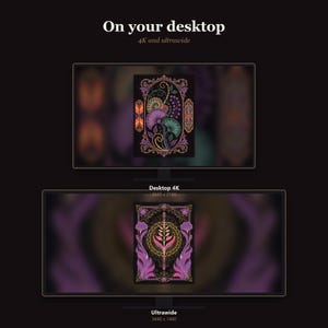 May include: Two computer monitors displaying digital artwork on a dark background. The top screen shows a floral design with purple and green tones, while the bottom screen displays a symmetrical botanical pattern. Text reads On your desktop 4K and ultrawide.