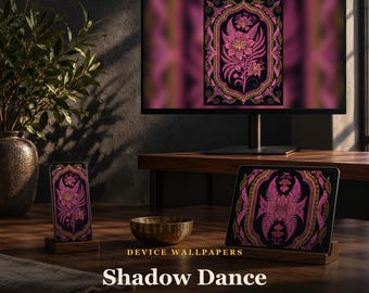 May include: A digital wallpaper set titled Shadow Dance featuring a dark background with pink and gold floral patterns displayed on a computer monitor, a tablet, and a smartphone. The text reads DEVICE WALLPAPERS, Shadow Dance, Phone, Tablet, Desktop, Ultrawide.