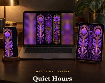 May include: A smartphone, laptop, and tablet displaying digital wallpapers titled Quiet Hours. The screens feature ornate, vertical purple and gold floral designs with lotus-like flowers and intricate filigree patterns on a dark background.