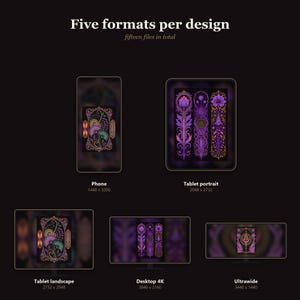 May include: A digital display showing five formats per design with fifteen files in total. The graphic features purple and gold floral patterns on a dark background, presented across phone, tablet portrait, tablet landscape, desktop 4K, and ultrawide screens.