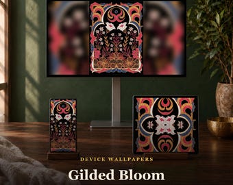 May include: A computer monitor, a smartphone, and a tablet displaying a Gilded Bloom digital wallpaper with intricate floral patterns in red, gold, and blue on a black background. The text Gilded Bloom is centered below the devices.
