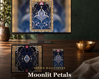 May include: A computer monitor, tablet, and smartphone displaying a digital wallpaper titled Moonlit Petals. The wallpaper features a dark blue background with intricate floral patterns in gold, white, and red, framed by a decorative gold border.