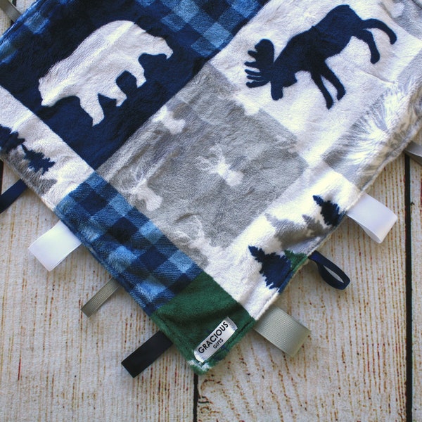 Cabin Woodland Boy Minky Baby Blanket | Tag Blanket | Baby Shower Gift | Newborn Gift | New Mom Gift | Baby Boy Taggy Blanket | New Baby