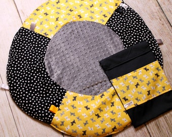 Travel Baby Play Mat | Dog Yellow Playmat | Gender Neutral Baby | Baby Shower Gift | Tummy Time Mat | New Baby Gift | Sensory Mat | Ribbon