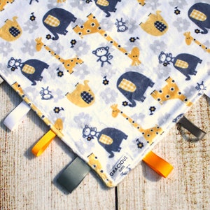 Yellow & Grey Safari Minky Baby Blanket | Tag Blanket | Baby Shower Gift | Newborn Gift | New Mom Gift | Gender Neutral Baby Taggy Blanket