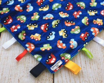 Colorful Cars Minky Baby Blanket | Tag Blanket | Baby Shower Gift | Newborn Gift | New Mom Gift | Baby Boy Taggy Blanket | New Baby Gift