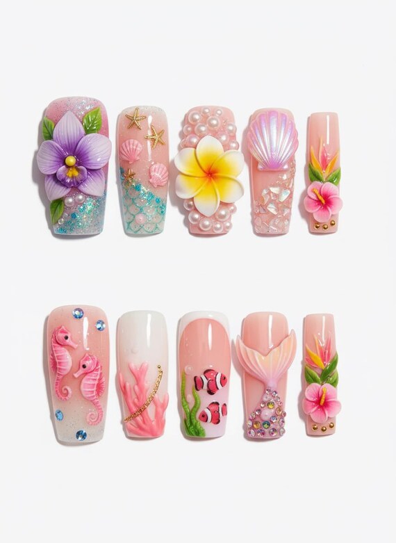 3D Tropical Flower Press On Nails | Mermaid Seashell Pink Summer Art | Long Square Water Droplet Beach Vacation Fake Nails