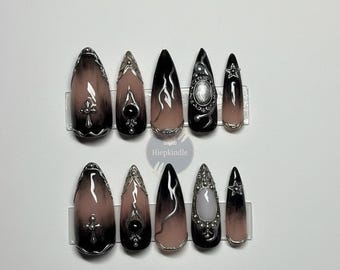 Gothic Baroque Metal Press On Nails | Black & Silver Luxury Nail Art | 3D Gothic Cross Stiletto Nails | Statement Nail Design |