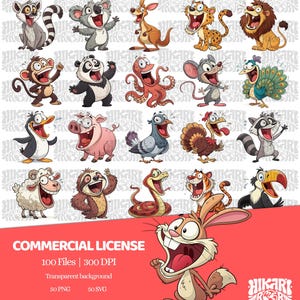 Może przedstawiać: Kolekcja ilustracji zwierząt z kreskówek, w tym szop pracz, koala, kangur, gepard, lew, małpa, panda, ośmiornica, mysz, paw, pingwin, świnia, gołąb, indyk, owca, leniwiec, wąż, tygrys, tukan i królik. Obraz zawiera tekst "COMMERCIAL LICENSE".