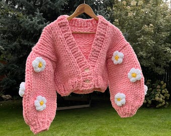 Daisy Knit Jacket, Chunky Knit Product, Handmade Daisy Pink