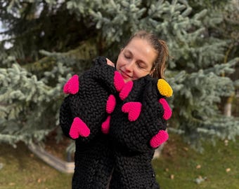Handmade Chunky Knit Cardigan with Hearts