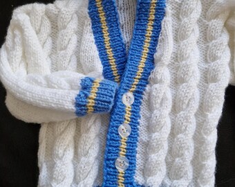 Hand Knitted Baby Cardigan: Leeds United colours, 6 - 12 Months