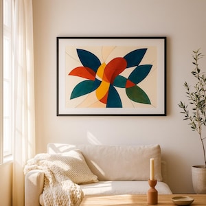 Gerahmte Wandkunst – Hochwertiger abstrakter Kunstdruck in Blau- und Ockertönen – Harmonie Végétale