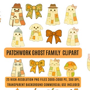 Pode incluir: Uma coleção de clip art caprichosos de fantasmas e com tema de outono, em estilo patchwork. As ilustrações incluem fantasmas, laços, abóboras, um esquilo, um rato e outros elementos de outono. O texto diz "PATCHWORK GHOST FAMILY CLIPART".