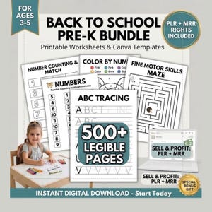 May include: A Back to School Pre-K bundle featuring printable worksheets and Canva templates. The collection includes pages for number counting, color by number, fine motor skills mazes, and ABC tracing. It contains 500+ legible pages total.