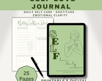 Puede incluir: Un diario digital de amor propio con una cubierta verde con la palabra "SELF" y un dibujo lineal de una persona. El diario incluye indicaciones para el autocuidado diario, la gratitud y la claridad emocional. Incluye 25 páginas.