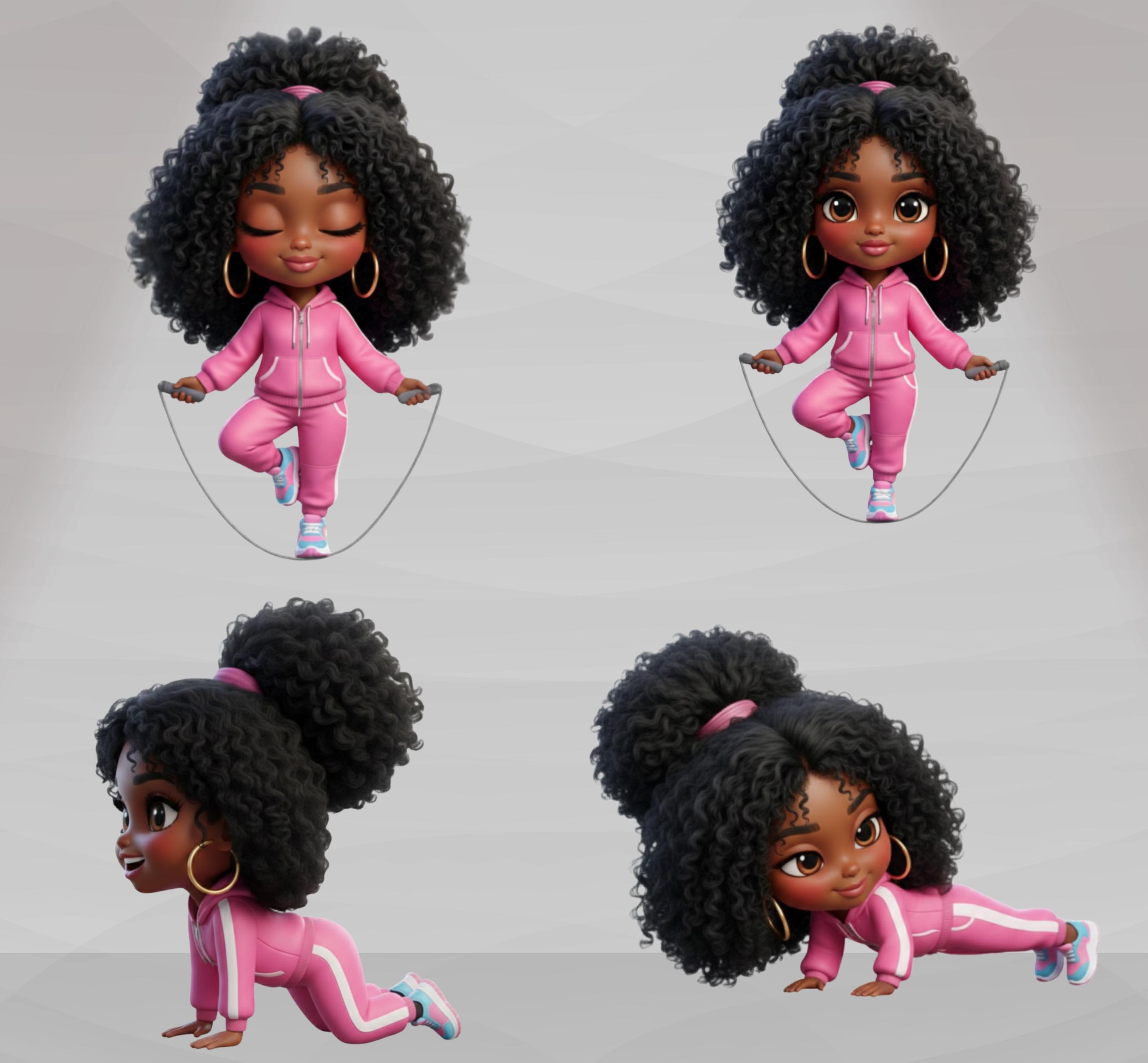 Afro Chibi Gym Girl Clipart, Black Girl Workout PNG (digital Download ...