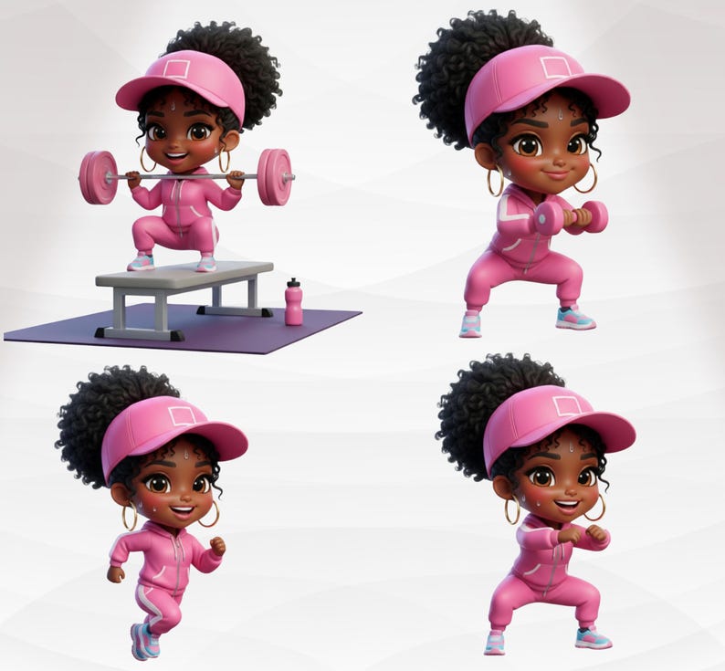 Afro Chibi Gym Girl Clipart, Black Girl Workout PNG (digital Download ...