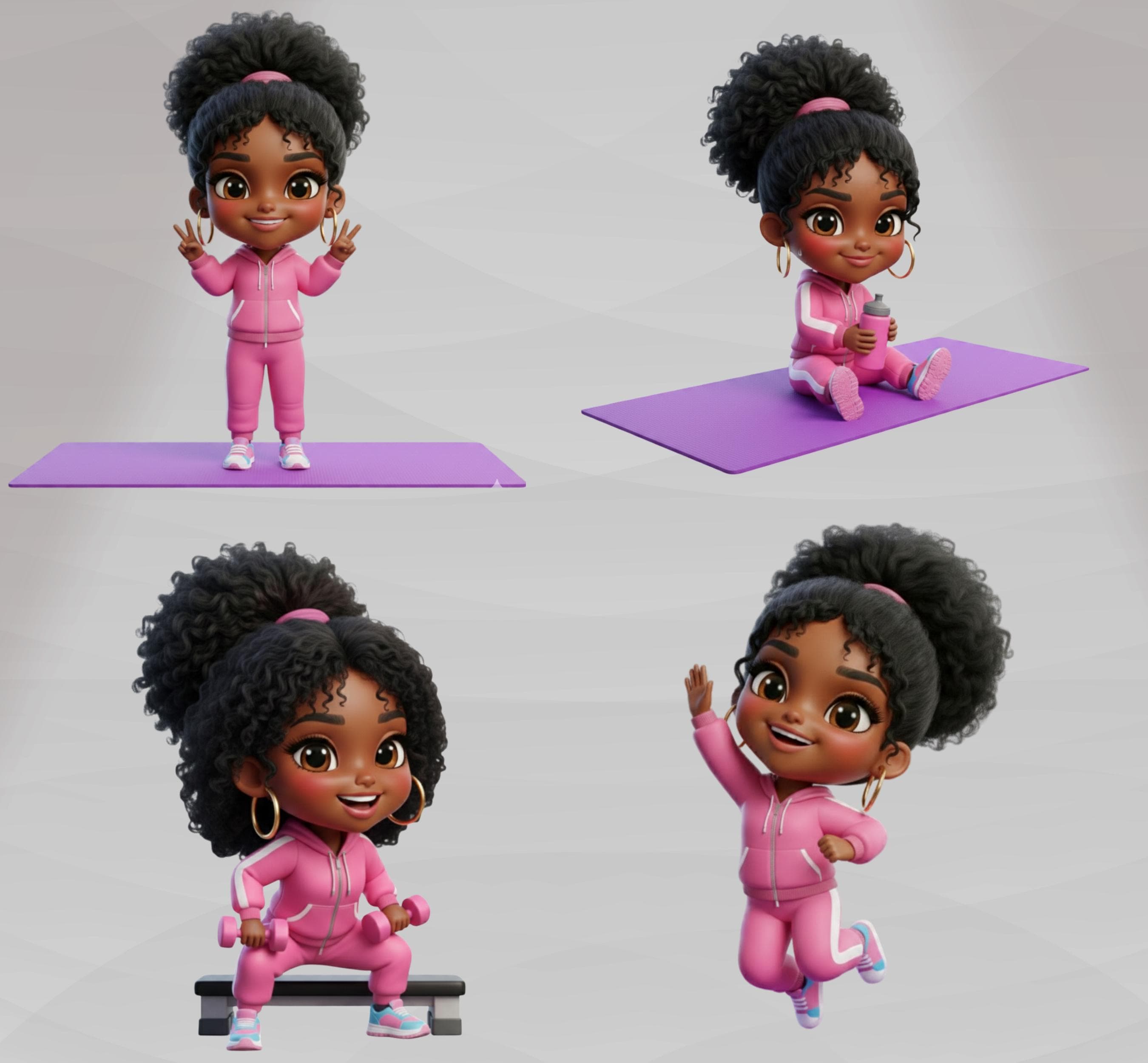 Afro Chibi Gym Girl Clipart, Black Girl Workout PNG (digital Download ...