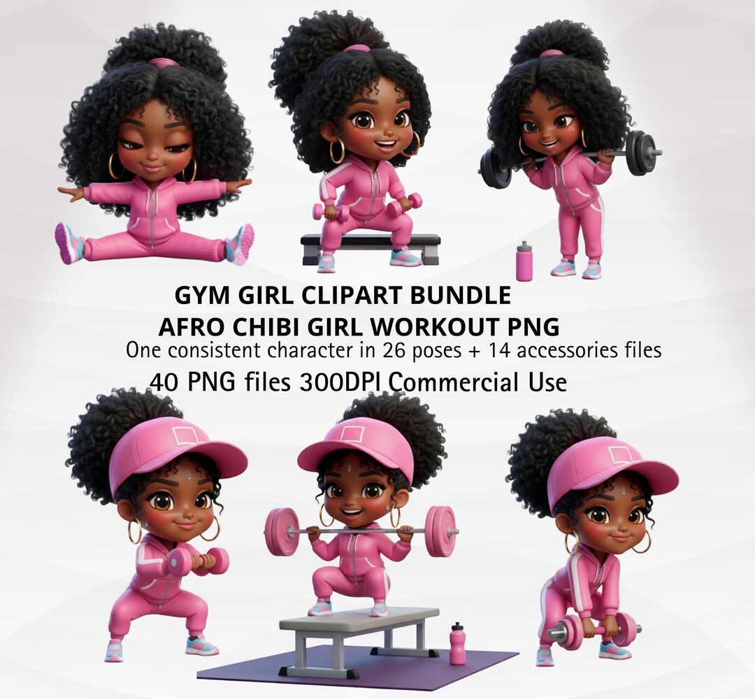 Afro Chibi Gym Girl Clipart, Black Girl Workout PNG (digital Download ...